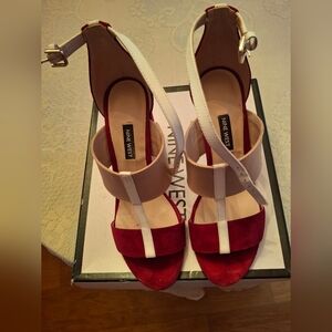 Nine West Burgundy and Tan 2 1/2" T Strap Heels